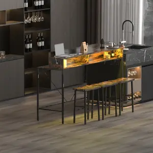 59 inch bar table, dining table, sofa table with power socket and LED light, 3 saddle stools, 4-piece bar table and chairs set for living room, dining room and kitchen