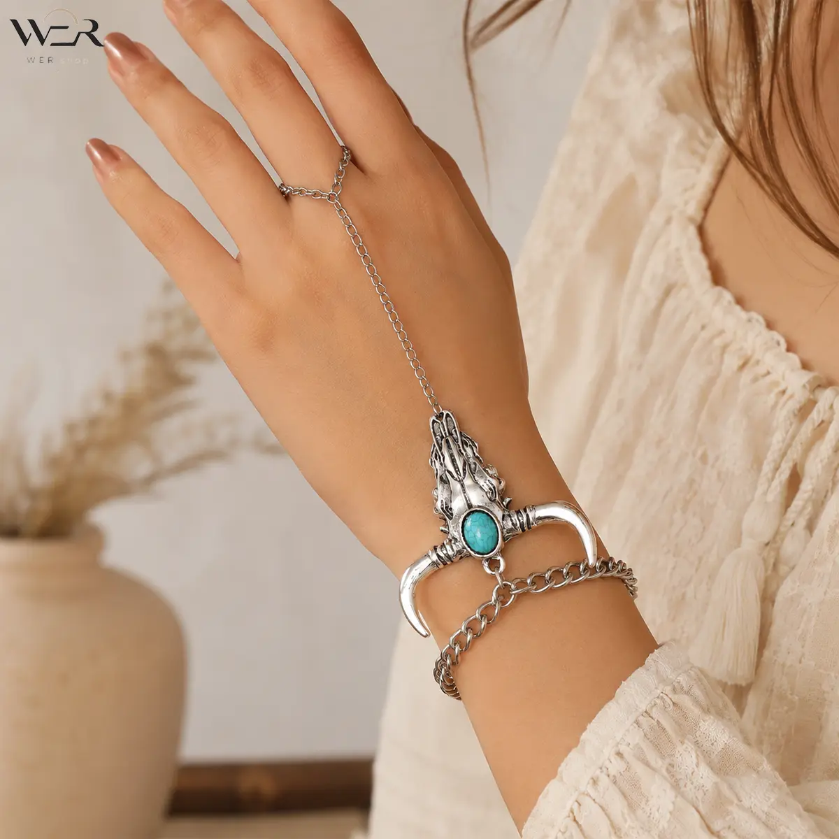 Silver-Tone Hand Chain Bracelet for Women, Bohemian Western Jewelry with Bull Skull Motif and Turquoise Stone, Adjustable for Casual Wear, Western Elegance, Chain Link, Adjustable Band, Boho Western Jewelry, Adjustable Size