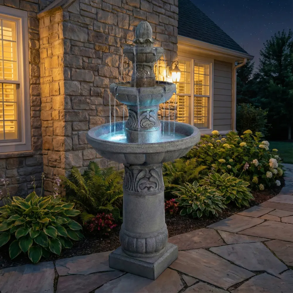 52-Inch Modern 3-Tier LED Lights Outdoor Garden Decor Fountain, Large Floor-Standing Waterproof Resin Cascading Flow Waterfall with Pump, for Patio, Garden