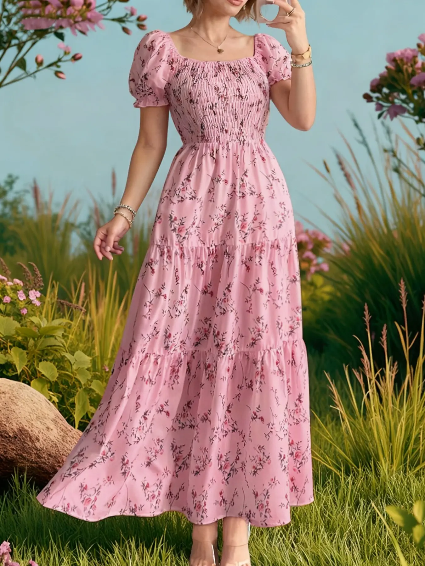 Women's Loose Fit Floral Print Square Neck Bubble Sleeve Elegant Chic Bohemian Boho A-Line Long Dress, Perfect for Spring Summer Outdoors, Womenswear