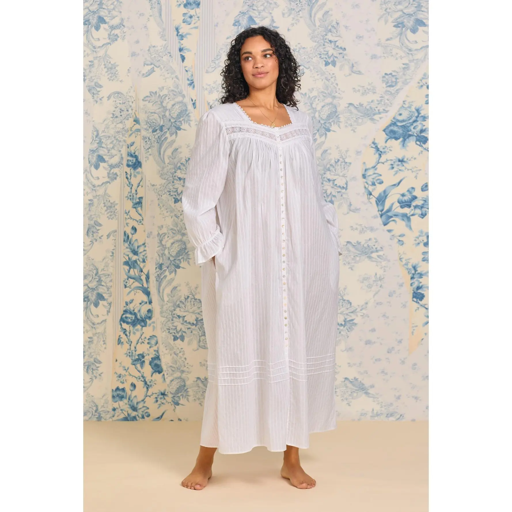 Women's Cotton Ballet Nightgown, Plus Size Long-Sleeve Button-Front Robe with Dobby Stripe, Pintucks, and Pockets, Shell, Ruffle, Soft, Nightwear, Nightie, Loungewear, Elastic, Lace, Woven, 100% Cotton