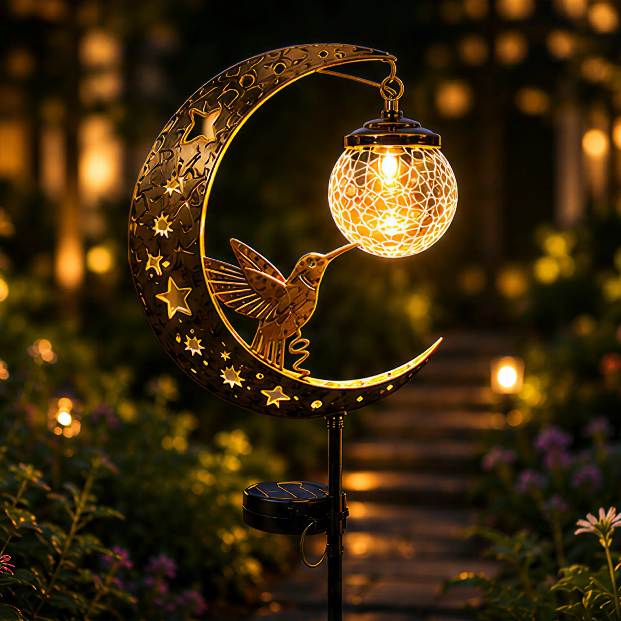 （summerwins ）Solar Hummingbird Moon Garden Stake Light - Waterproof Half-Moon LED Decor with Crackle Glass Globe Ball, Metal Crescent for Outdoor Patio, Lawn Home Festive Decorations