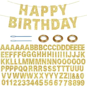 116 Pcs DIY Glitter Custom Banner Kit - Customize with 111 Letters and Numbers, 3 Rope, 2 Threading Devices for Graduation, Birthday Decor (Golden)