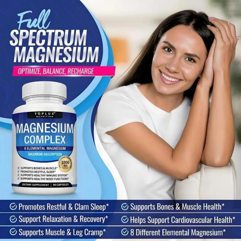 （Flash Sale 3 bottles） TopLux Nutrition Magnesium Complex 1000mg 90 Capsules 7 Elemental Sources Men Women Bone Muscle Sleep Immune Support Nature Decent Fitness Dietary Supplement Malate Taurate Chelated for