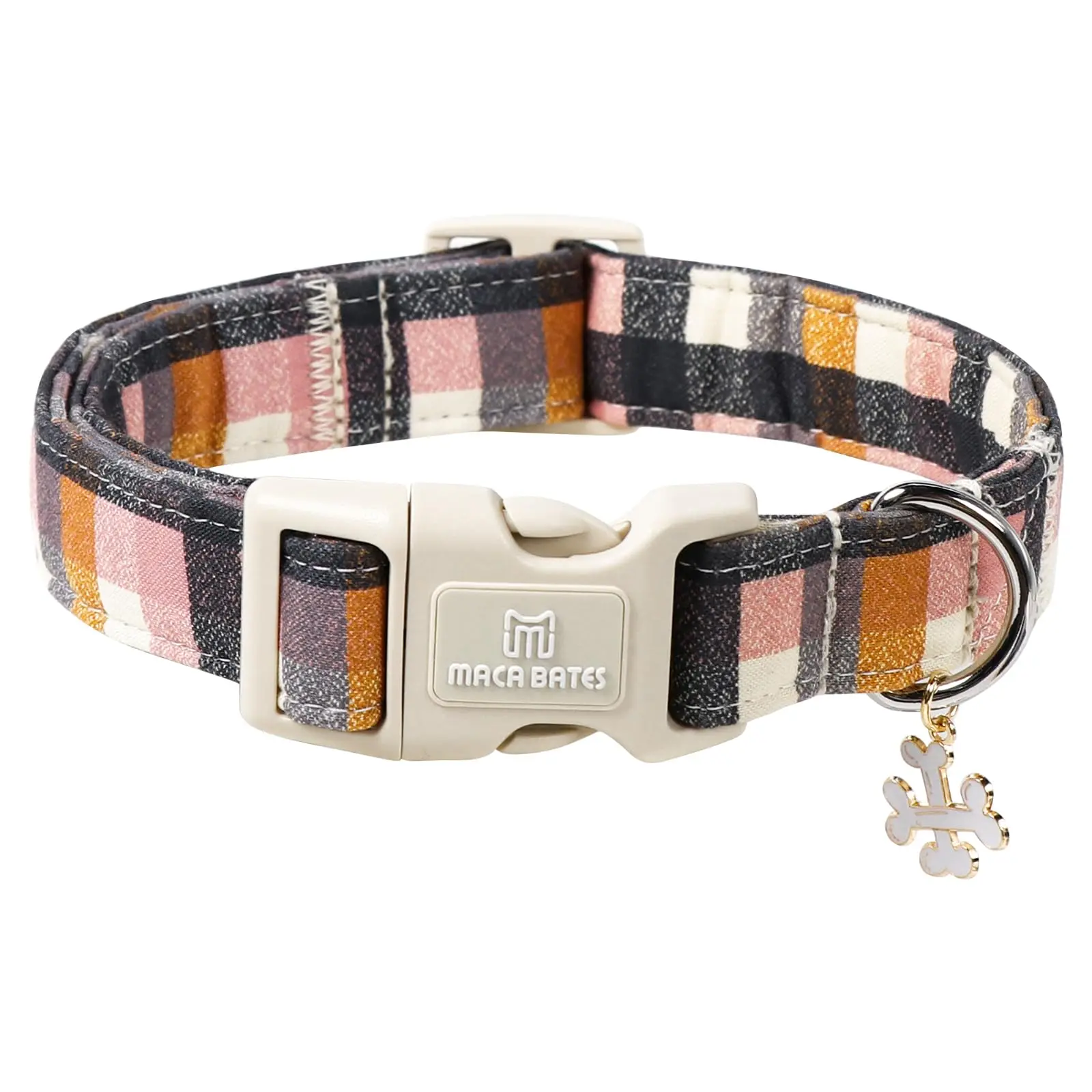 Maca Bates Fall Grey Pink Checkered Gingham Cotton Dog Collar for Extra-Small Dogs, Adjustable, Durable, Soft, Fade-Resistant Collar with Safety Buckle for Puppies