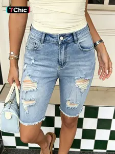 Women's Fashion Casual Denim Shorts, Mid-Length Slim-Fit Summer Pants, Elastic Fabric, Party Wear, Plain Pattern, Mid-Waist Design