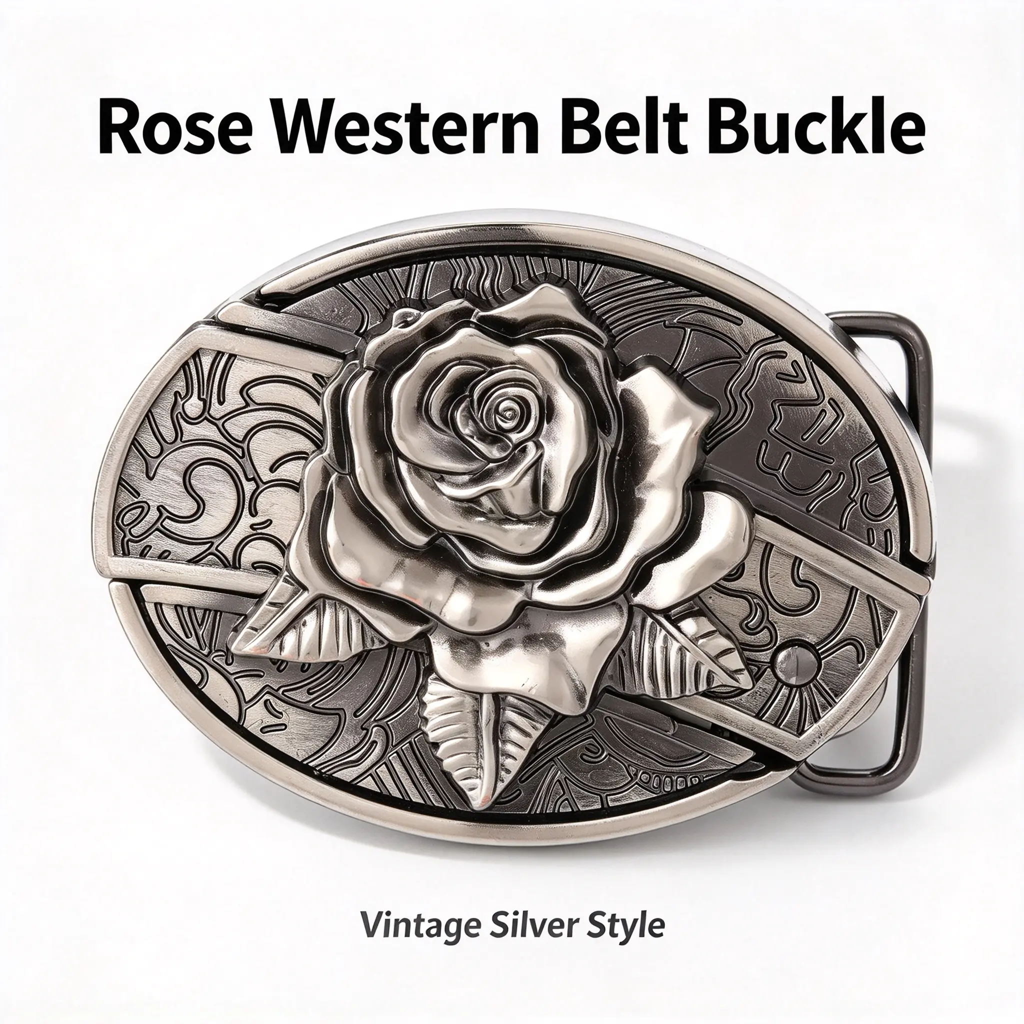 Antique Silver Rose Alloy Belt Buckle - Retro Engraved Western Floral Oval Statement Buckle for Men's Belts, Vintage Punk Biker Replacement Accessory, Country Rodeo Outfit Accent, Ideal Cowgirl Gift, Statement Buckle Men's Belts