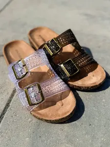 Women's Woven Jelly Sandals, Casual Slide Footwear with Adjustable Double Buckle Straps and a Supportive Cork Base