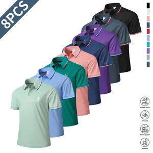 8-Pack Men's Summer Short Sleeve Shirts - Polo and Golf POLO Shirts - Chinese Button Striped Printed T-Shirts - Y2K Style Sustainable Moisture Absorbing and Cooling Fiber Fabrics - Best Choice for Business, Leisure, Workplace and Commuting