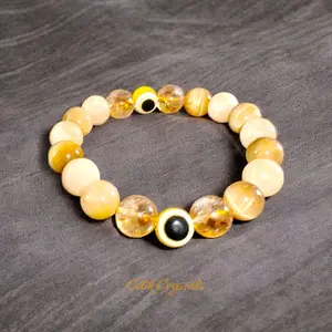 Yellow Evil Eye Bracelet with Citrine Honey Yellow Calcite & Yellow Tiger Eye 10mm Beads Unisex Design for Protection & Balance