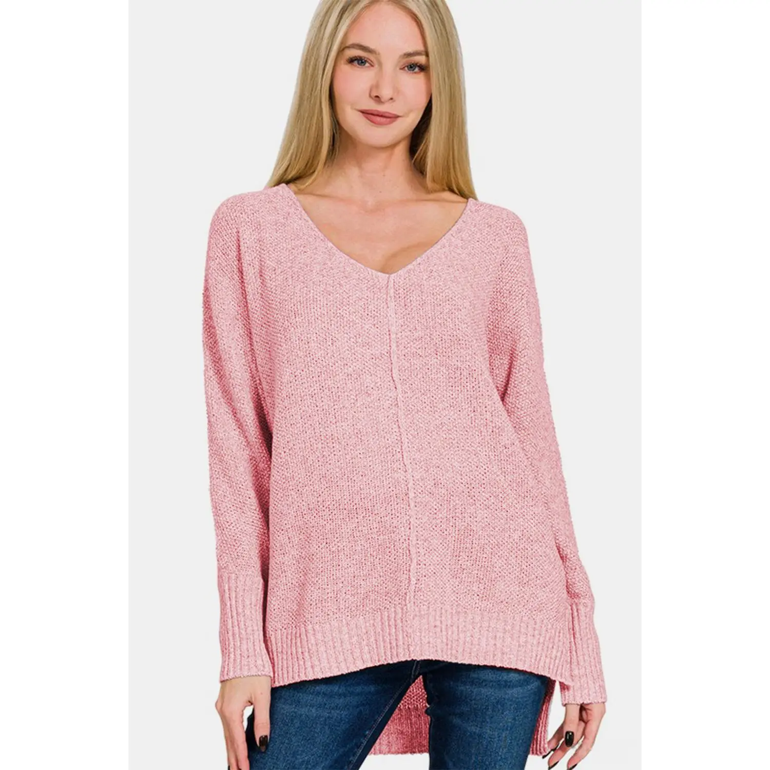 Zenana High-Low Center Seam V-Neck Sweater