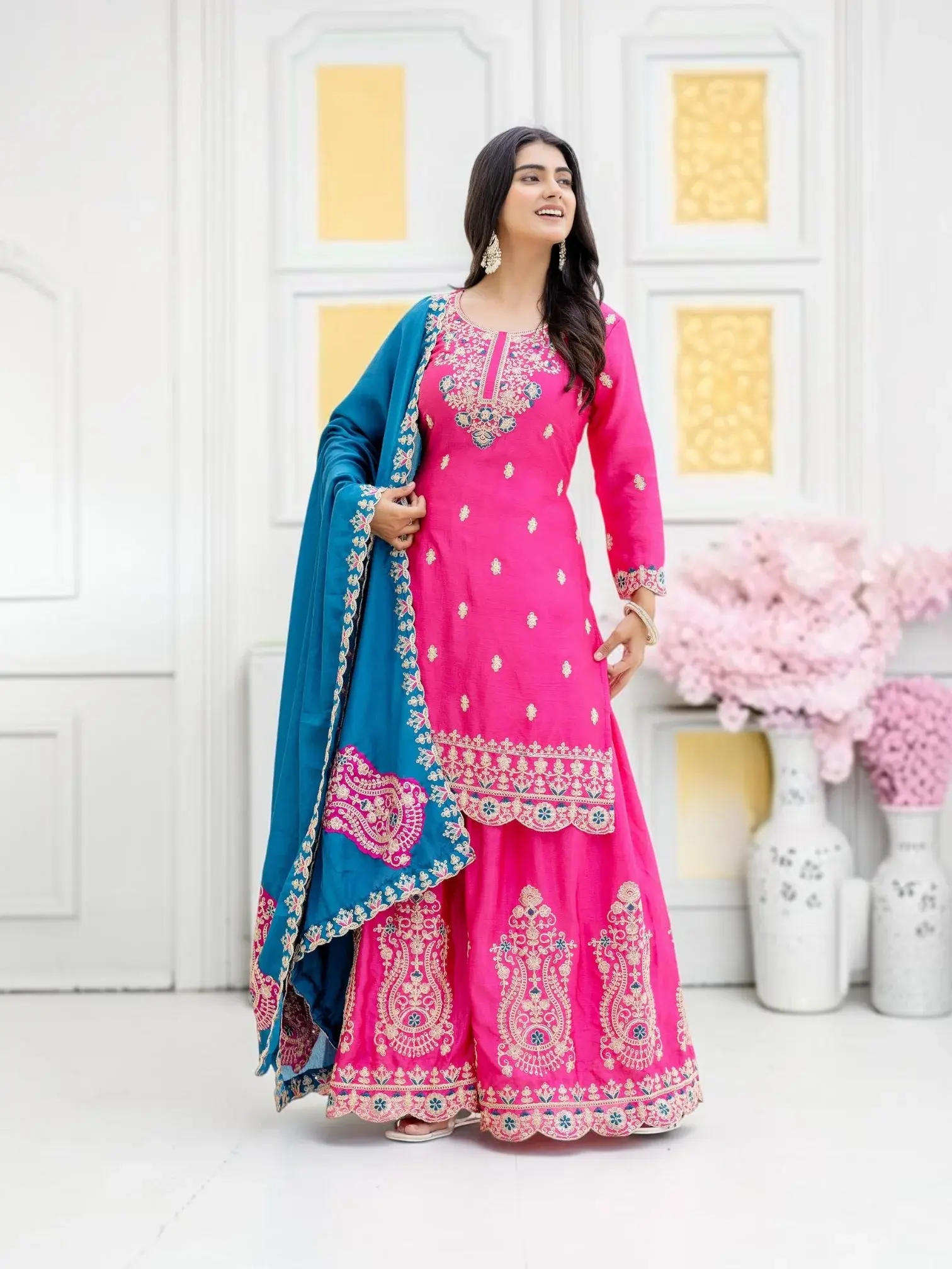 Designer Chinnon Embroidery Palazzo Suit Set, Cultural Wear for Women