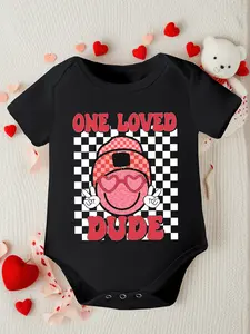 One Loved Dude Baby Boy Bodysuit, Retro Checkerboard Leopard Smile Face Cap Peace Sign Bubble Letter Short Sleeve 100% Cotton Newborn Infant Romper Onesie