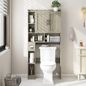 [SummerVibes] Vabches Wood Over-The-Toilet Storage Cabinet, Farmhouse Barn Door Bathroom Organizer Supplies, Space-Saving Indoor Cupboard for Bathroom, Laundry Room