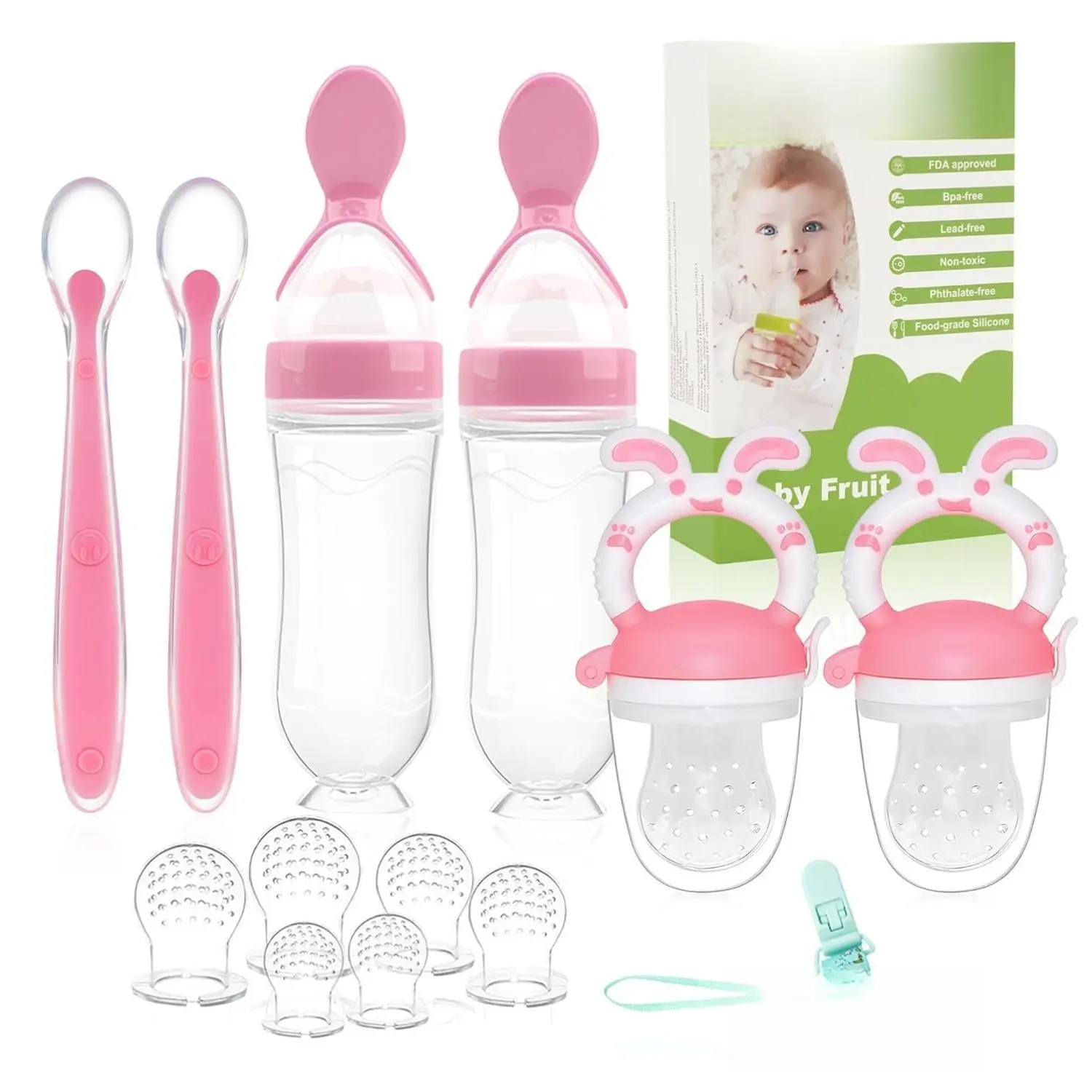 WAJIAYON 6-Pack Baby Silicone Mesh Teether & Utensil Set (Baby Items), 2 Oval Rabbit Print 3-6 Months Small-Hole Fruit Feeders, 2 Food Dispensing Spoons, BPA Free, Unisex, Portable, Teething Relief, Easy Cleaning & Storage, Birthday Gift (Pink)