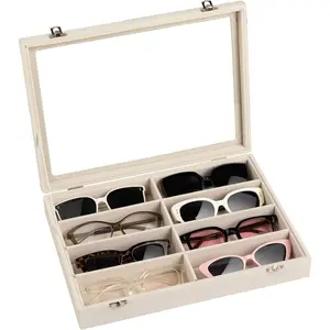 Sunglass Organizer, Glasses Organizer,8-Slot Sunglasses Tray with Clear Lid,Men's/Women's Sunglasses Box,Sunglass Case,13.3 x 9.6 x 2.2 Inches,Eyeglass/Eyewear Display Tray(Beige)