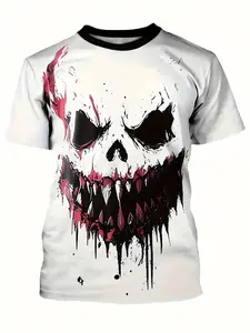 Men's Halloween Skull Skeleton Print Drip Pattern T-Shirt, Lightweight Breathable Summer Short Sleeve, Casual Round Neck, Streetwear
