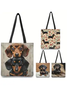 1PC Polyester Tote Bag with Wristlet, Leak Proof Cartoon Dachshund Print, Reusable Grocery Shopping Shoulder Bag, Large Capacity Rectangular Underarm Bag