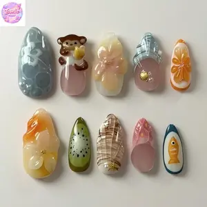Cute Kawaii Fruit Press On Nails Set, 3D Flower Bear Kiwi Fish Nail Art, Korean Pastel Plaid Glossy Nails, Handmade Reusable Almond False Nails, Soft Girl Y2K Summer