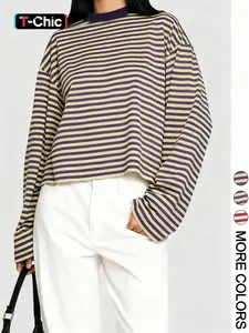 Valentine's Day Women's Minimalist Style Striped Casual Long Sleeve Sweatshirt Top, Loose-Fit Knit Fabric, All-Season Wear, Moderate Thickness, Knitwear