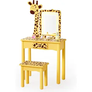 JOYMOR Kids Vanity with Giraffe Theme, LED Lighted Toddler Vanity Set, Touch Control Makeup Table with Storage & Wooden Legs