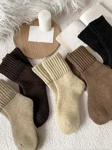 5 Pairs Vintage Knit Socks for Women, Winter Mid-Calf Crew Socks, Fashion Simple Design with Full Terry Cushion, Soft & Cozy, EU36-41, Soft Comfy Socks