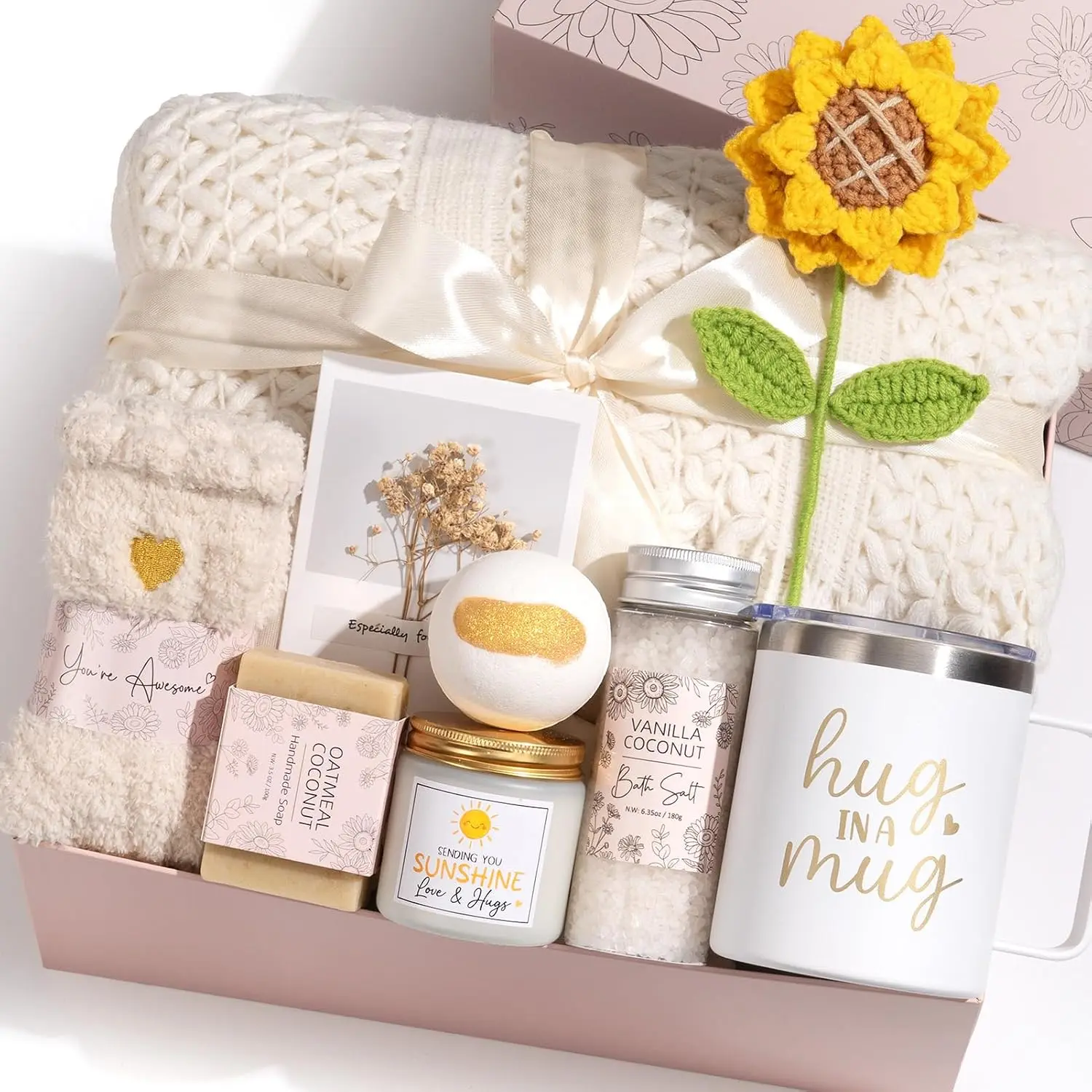 Birthday Gifts for Women Spa Self Care Package Get Well Soon Gifts Baskets | Thinking of You After Surgery Sending Sunshine Gift Box, Christmas Sunflower Gifts for Women Mom Her Best Friends Sister Wife
