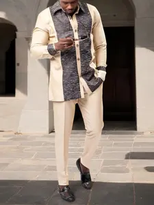 Men's Traditional Set, Long Sleeve Vintage Print Patchwork Shirt & Casual Pants, Two-Piece Holiday Business Casual Wear Outfit