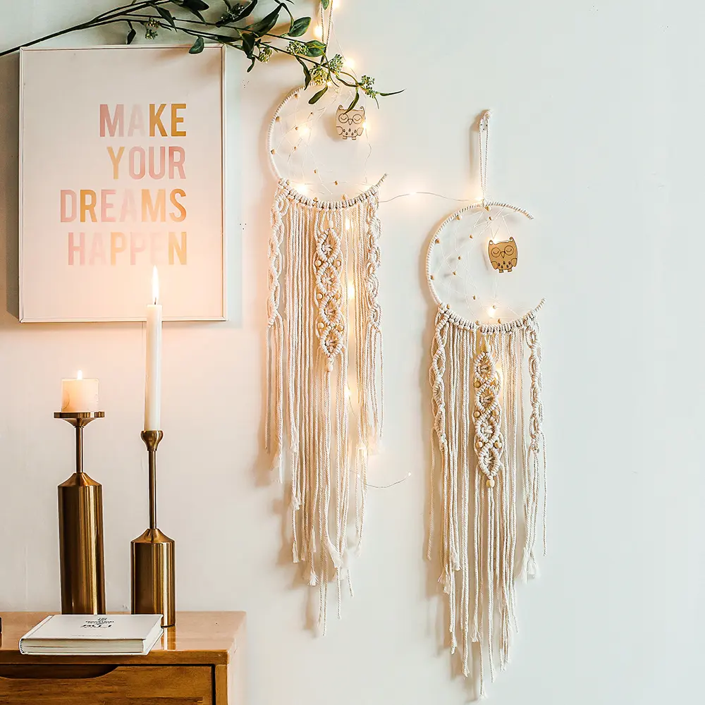 Night Owl Dream Catcher Macrame Wall Hanging, Woven Bohemian Handmade Tassel, Decorations Gift for House Warming & Wedding, Home Store Decor Cotton Wall-mounted Textile Printing Modern Living Room White