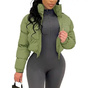 Women Cropped Quilted Puffer Jacket Winter Fashion Long Sleeve Bubble Short Down Coat