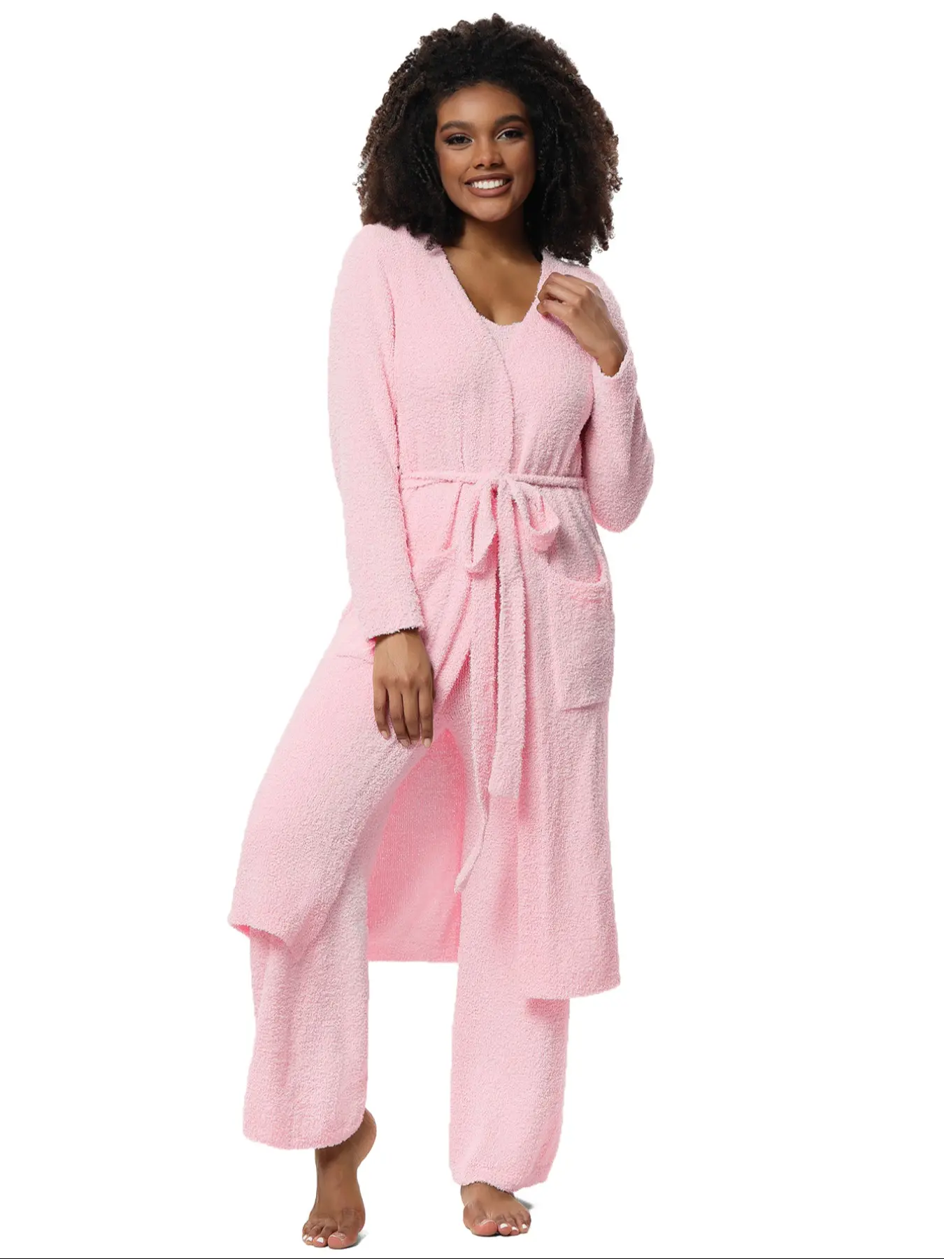 Women's Plus Size Sleepwear Pajama Set, High-Quality Robe & Long Pants Three-Piece, Ultra Soft Half Velvet, Casual Home Wear