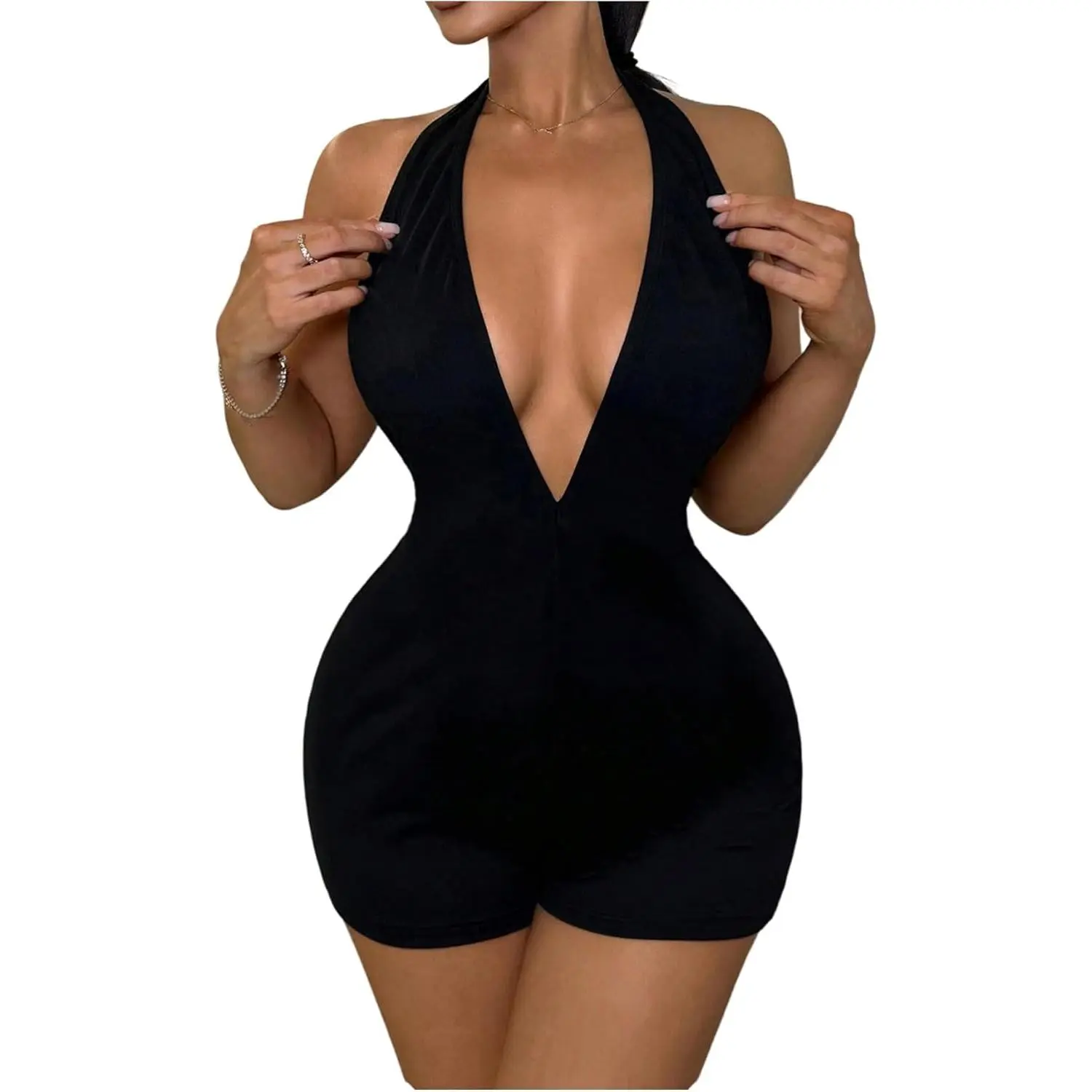 WDIRARA Women's Basic Lady Clothes, Deep V-Neck Backless Halter Sleeveless Bodycon Unitard Shorts Jumpsuit