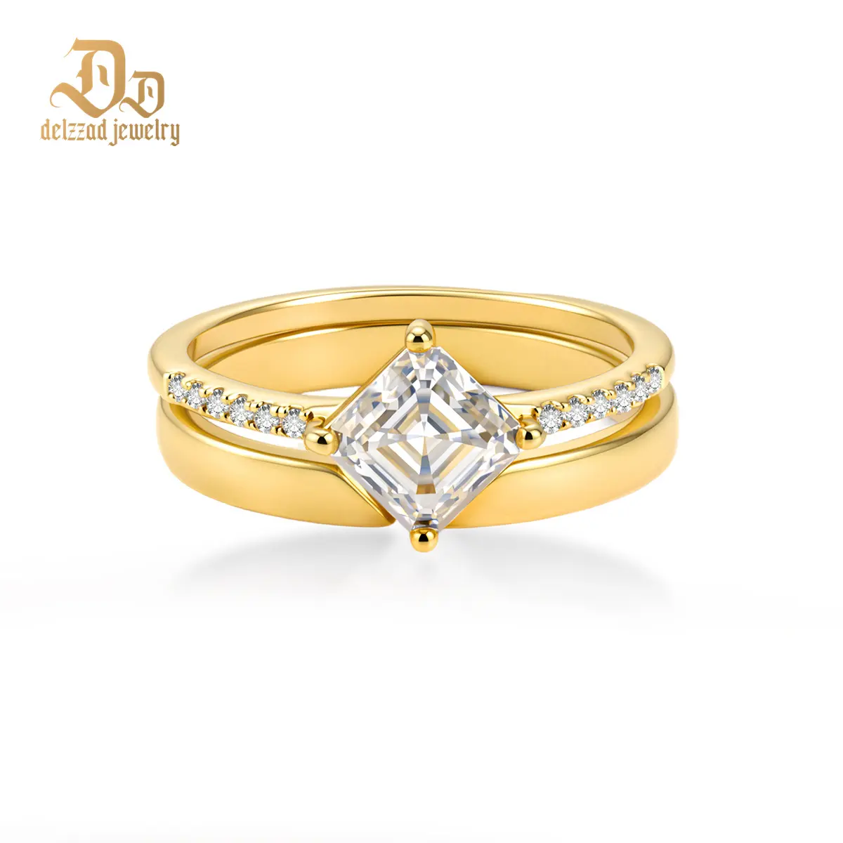 Delzzad 1ct Gilded Rhombus Ring Band The Lozenge Loft Stacking Ring Antique Bridal Set Asscher Cut VVS Synthetic Moissanite Ring Jewelry S925 Band Perfect Birthday Engagement Wedding Anniversary Christmas Valentine's Day Mother's Day Gift