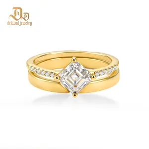 Delzzad 1ct Gilded Rhombus Ring Band The Lozenge Loft Stacking Ring Antique Bridal Set Asscher Cut VVS Synthetic Moissanite Ring Jewelry S925 Band Perfect Birthday Engagement Wedding Anniversary Christmas Valentine's Day Mother's Day Gift