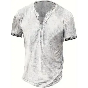 [Retro Cotton Henley] Soft Washed Cotton Men's Retro Distressed Henley Shirt | Casual Short Sleeve Button-Tee, Breathable & Machine Washable, Rich Burgundy Color, Summer Essential for Casual Attire Top Streetwear