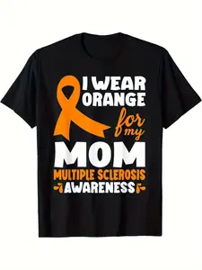Men's & Women's Multiple Sclerosis Awareness T-Shirt - Heavyweight 180gsm Oversized Unisex Fit with MS Ribbon & "I Wear Orange for My Mom" Slogan, Black with White & Orange Lettering, Charity Support Shirt for MS Awareness Month & Year-Round