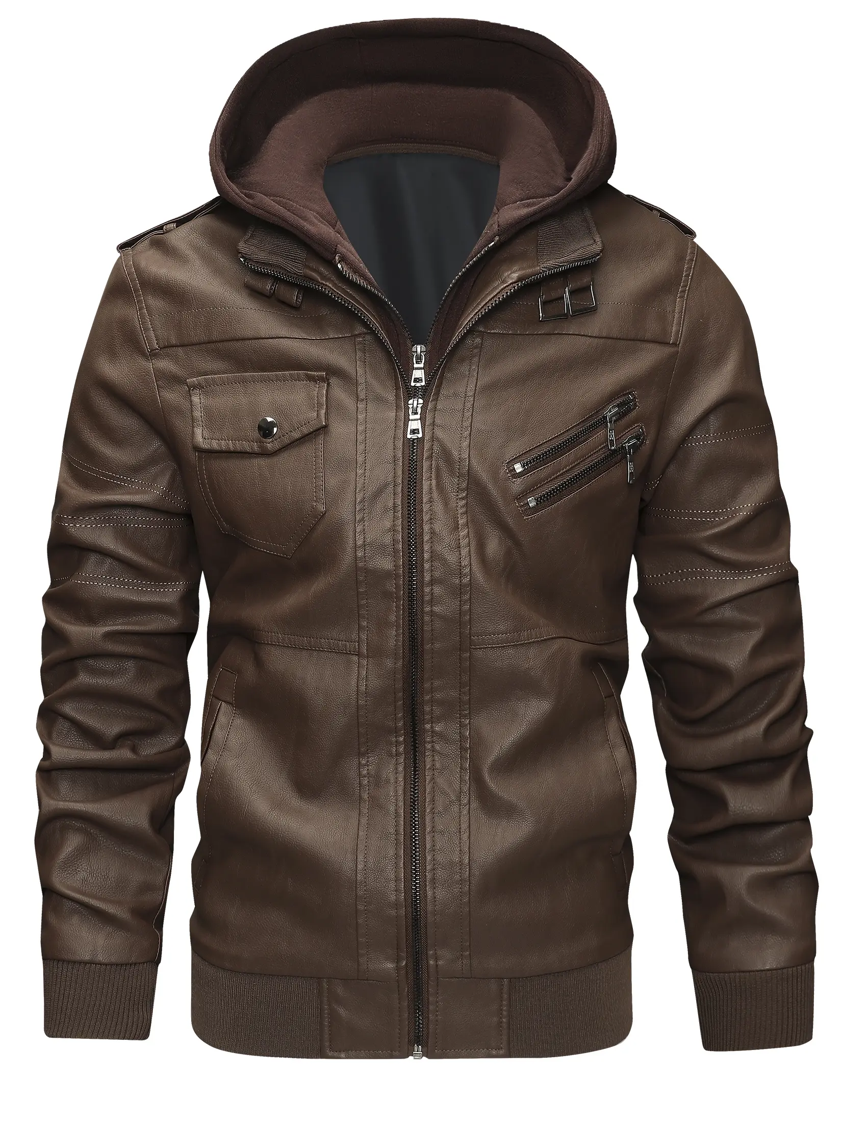 Men's Faux Leather Jacket Waterproof Windproof PU Moto Vintage Bomber Hoodie with Removable Hood for Motorcycle Riders