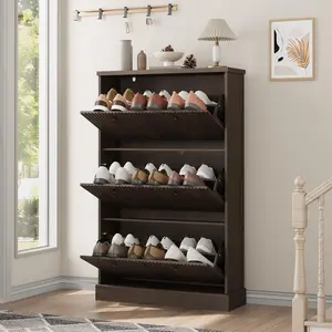 Garvee Shoe Cabinet with 3 Flip Drawers, Large Fluted Storage Cabinet with Adjustable and Removable Shelves, Modern Freestanding Narrow Shoe Organizer for Entryway, Hallway, Walnut