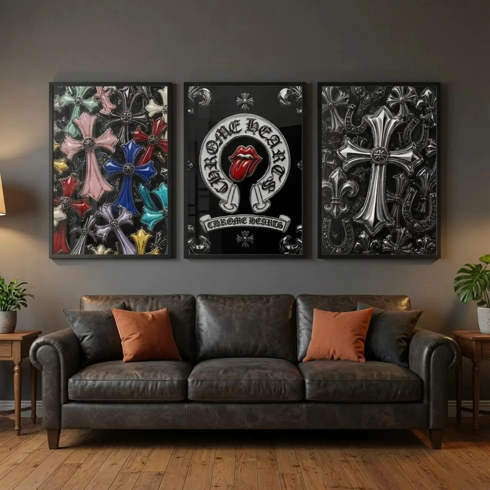 Chrome Hearts 3-Piece Gothic Cross Wall Art Poster Set - Color, Silver Chrome Prints, Luxury Y2K Hypebeast Room Decor
