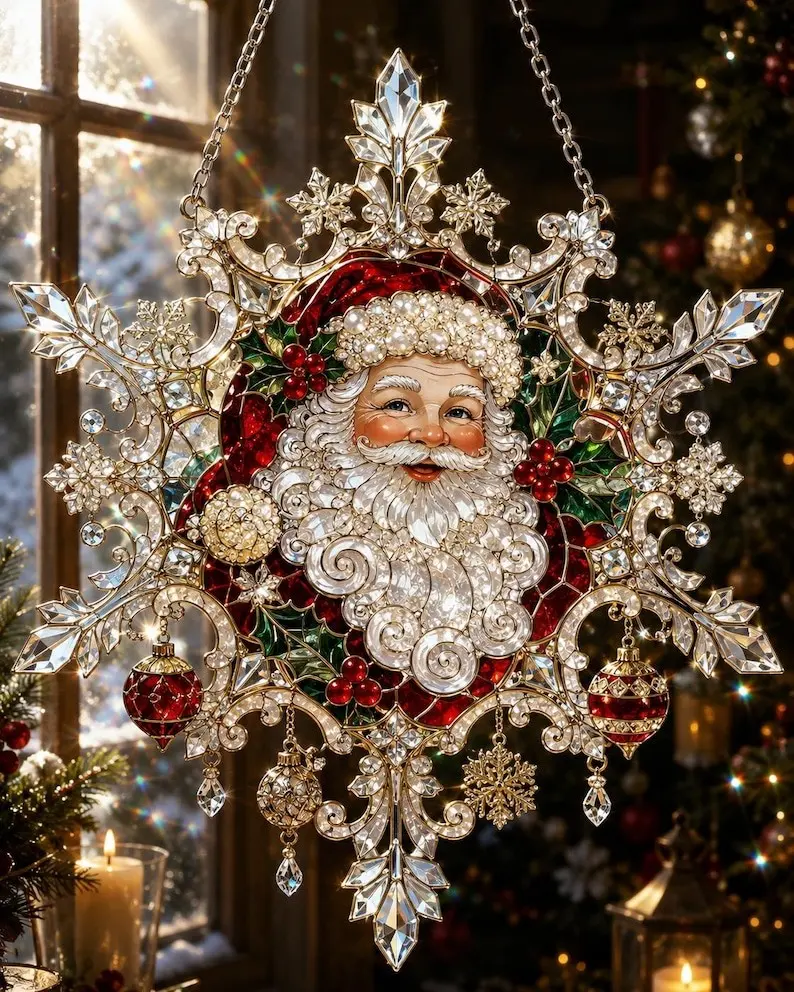 Santa Christmas suncatcher, festive window hanging with snowflakes, holly and red ornaments