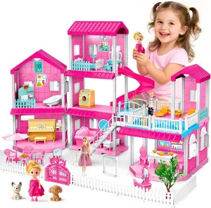 Pink Doll House for Girls, 3-Story Villa Playset with Light, 3 Dolls, Pool & Slide, Dollhouse Furniture and Accessories, Pretend Play Toddler Toys Birthday Gifts for Kids 3 4 5 6 7 8 Love Room DIY Building Blocks Kit