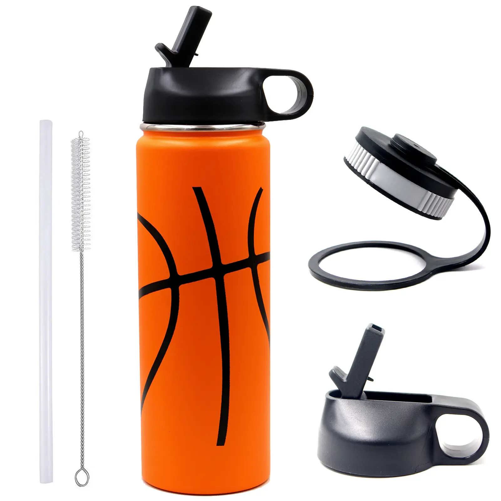 FMYWZS 22 oz Basketball Water Bottle, Stainless Steel Vacuum Insulated Water Bottle with Straw and 2 Lids, Double Wall Leakproof Sports Flask, Basketball Accessories for Boys, Kids, Girls, Coach