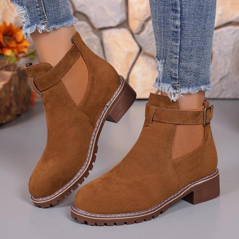 Women's buckle thick low heel anti slip thick sole fashionable ankle boots - round headed solid color short boots, suitable for winter and autumn, casual and formal wear