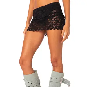 Women's Mini Lace Skirts Casual Low Waist Solid Color See Through Skirts Fashion Short Skirts
