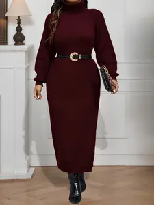 Plus Size, Women's Plus Size Chic Turtleneck Sweaterdress - Long Sleeve Dress, L