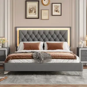 Queen Size Upholstered Bed Frame with LED Lights, Modern Velvet Queen Platform Bed with Adjustable Tufted Headboard,No Spring Box Needed, Gray