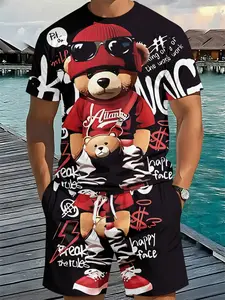 Men's Trendy Streetwear Bear Set 3D Digital Printed Fitted 2-Piece Outfit, 2Pcs, Fashion Trendy Suit, Retro Casual Two-Piece Set, Vacation-Style Trendy Wear, Breathable Sports Casual Style, Perfect Holiday Gift for Men, Clothes
