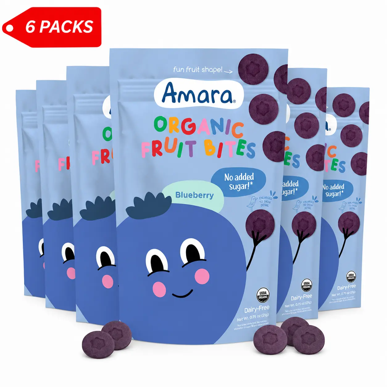 Amara Organic Blueberry Fruit Bites Snack 6 Pack | No Added Sugar, Dairy-Free, USDA Organic Fruit Snacks for Kids & Family |
