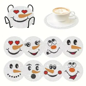 8-Piece Diamond Painting Set with Stand, Cute Snowman Theme Coaster Set, Shimmering Diamond Art Wooden Mosaic Craft Kit