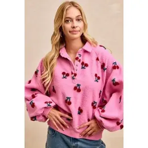 Cherry Patterned Sherpa Snap Button Top with Long Sleeve Fitted Casual Winter Style